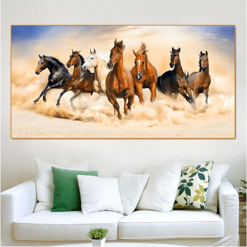 Seven Horses Running In Sand Canvas Painting Wall Art Sunrise Horse Group Posters and Prints for Living Room Wall Decor Cuadros