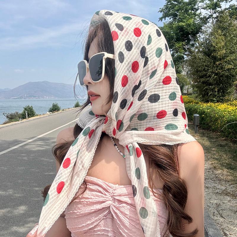 New Summer Cotton and Linen Scarf for Women Spring and Autumn Dots  Small Square Scarf Triangle Scarf Sun Protection Scarf Headscarf