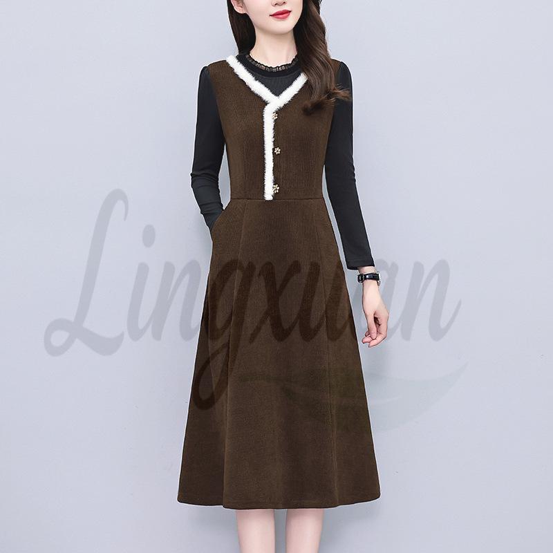

2026 Autumn/Winter Elegant Hepburn Style Slimming Patchwork Mid-Length Dress 4XL