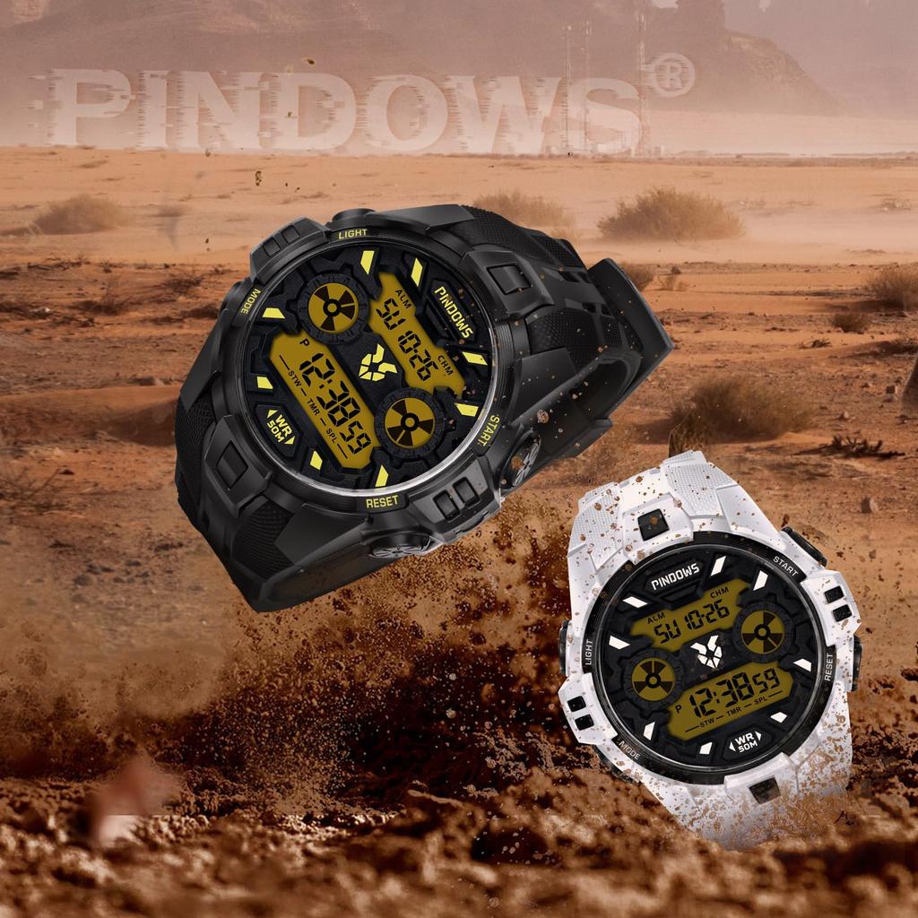 PINDOWS Digital Sports Watch with Timer 50M Waterproof Multifunction Tactical Watch with LED Backlight Men's Stopwatch, Alarm, Men's