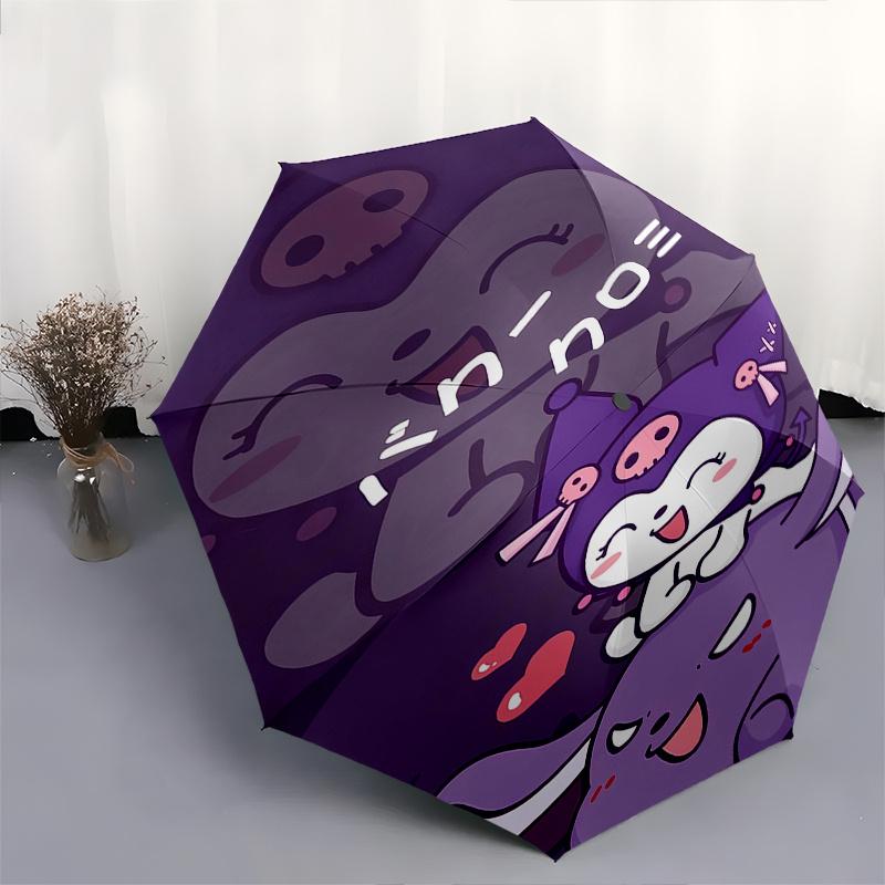 Kuromi Automatic Folding Umbrella-Simple 8-Rib Design, Bright Cartoon Pattern, Durable Iron Frame, Suitable For Travel, Outdoor, Beach-Cute