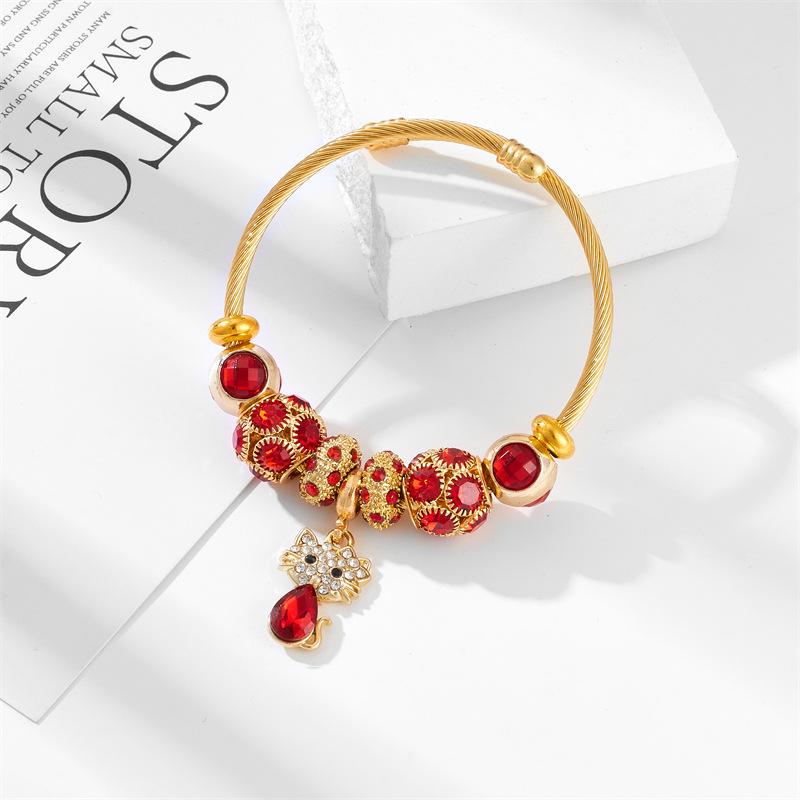 Изысканный браслет-лебедь с бусинами, хрустальными стразами, подвесками в виде счастливого кота и бабочки, браслет из нержавеющей стали