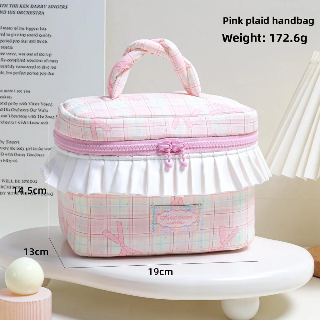 Korean-style niche design twisted handle makeup bag with large capacity pleated lace storage bag, color-blocked plaid wash bag.