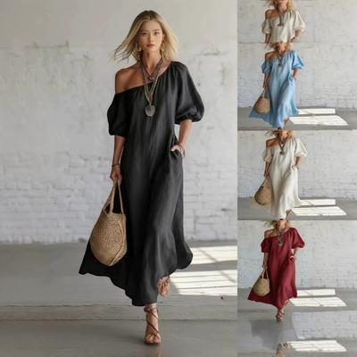 Vestido Largo de Mujer Hombros Descubiertos Casual Manga de Farol Color Sólido Corte Holgado Ropa de Resort