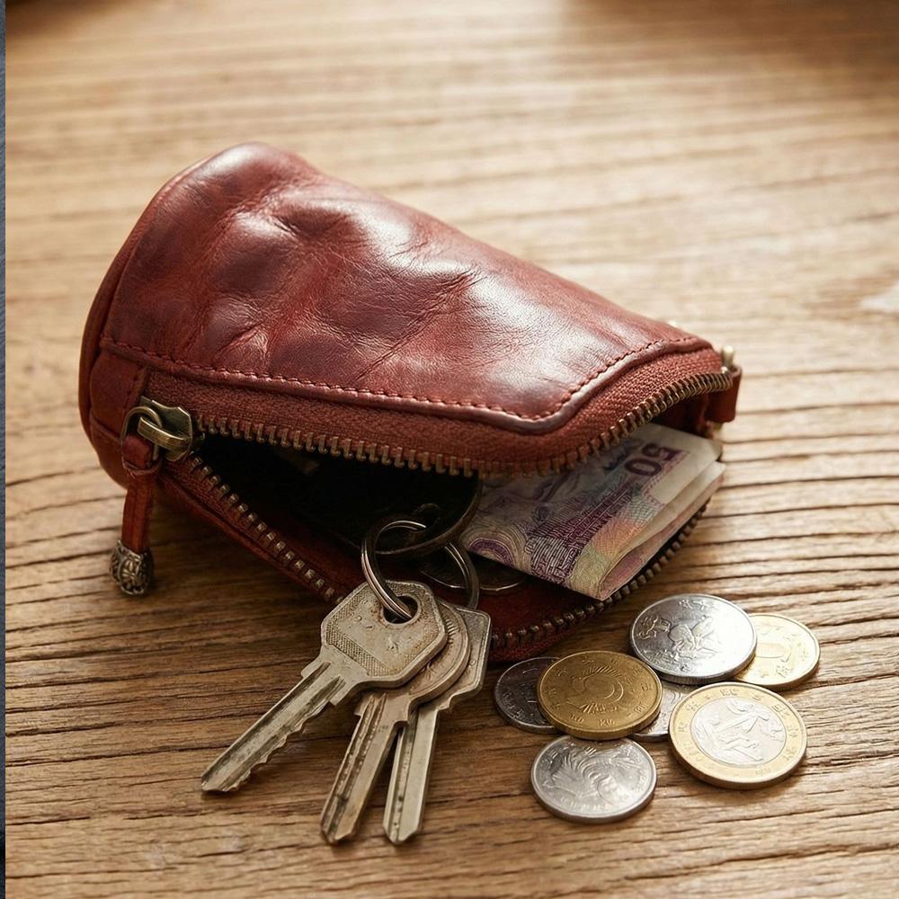 Vintage Genuine Leather Key Holder Zipper Key Wallet Case Cowhide Coin Purse Handmade Keychain Pouch for Men Women