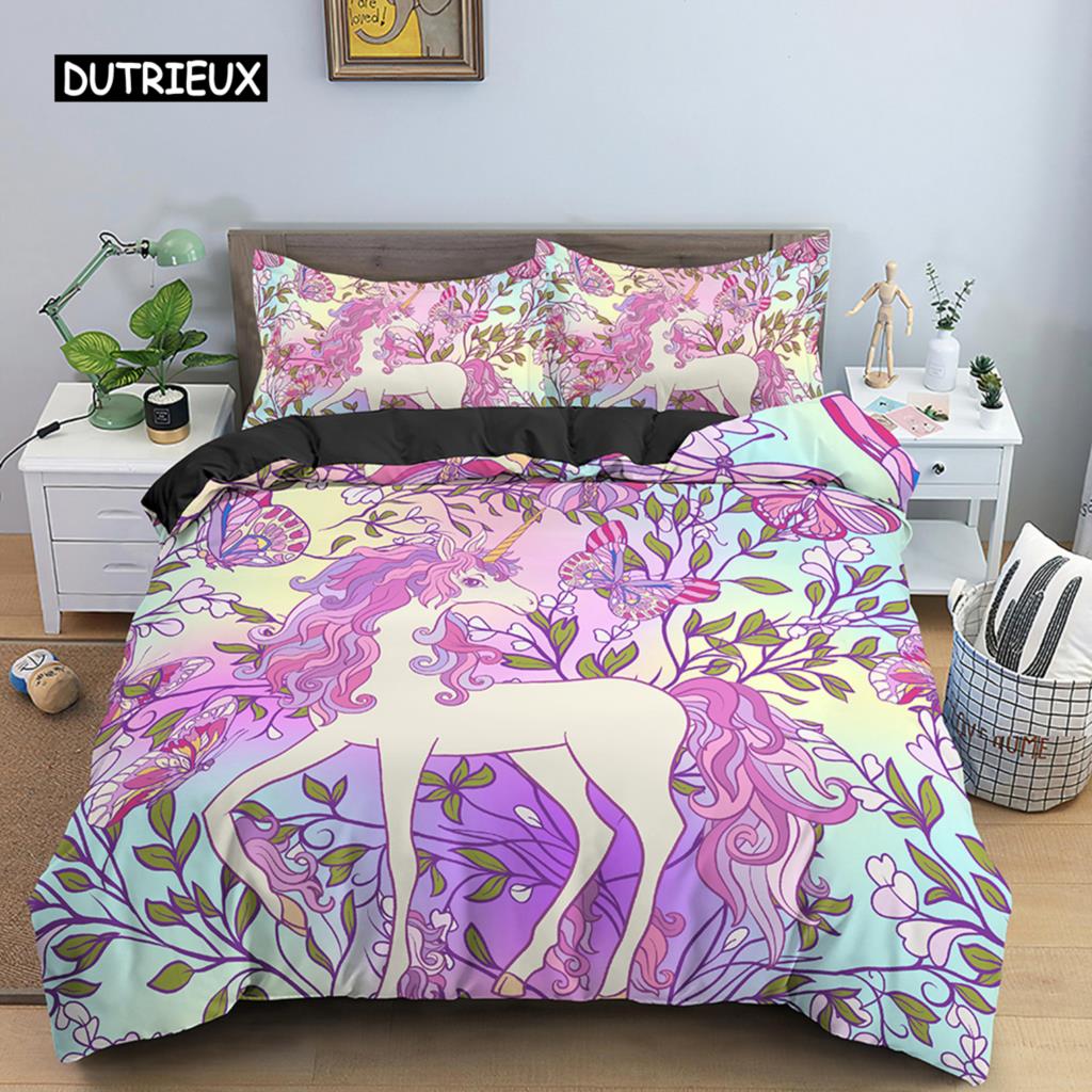 Unicorn Duvet Cover Set Cartoon Animal Bedding Set Single Twin King For Kids Girls Polyester Romantic Theme Star Comforter Cover