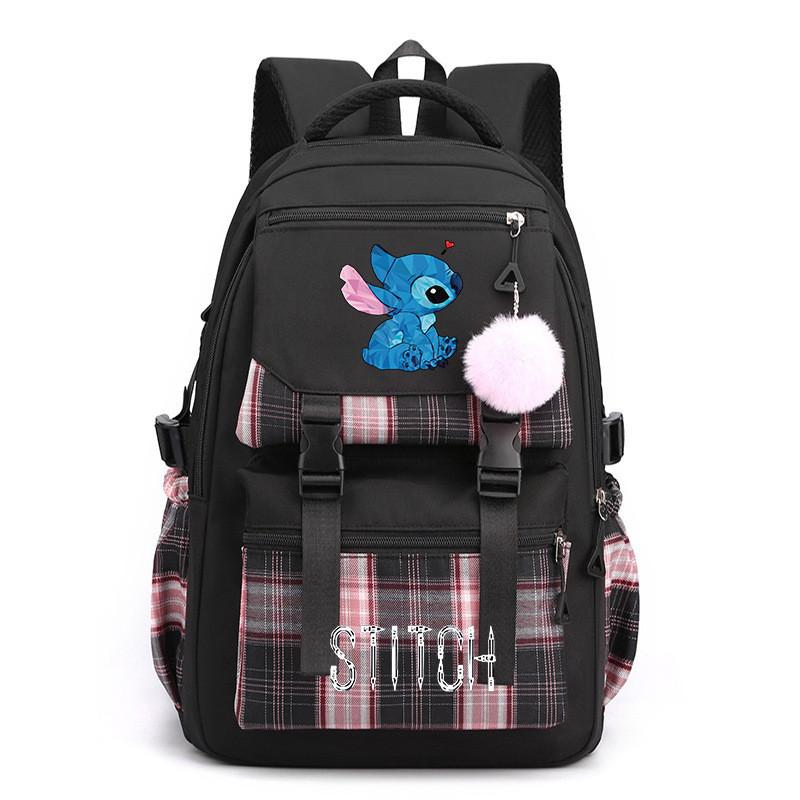 Cute Girl Backpack For School With Stitch Print And Checkered Patchwork Design For Middle School Students