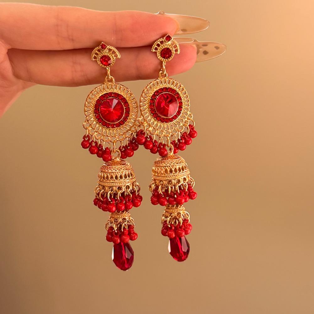 Luxury Rhinestone Pearls Ear Drop Thai Style Ethnic Style Ear Studs Bell Tassel Earrings  Birthday