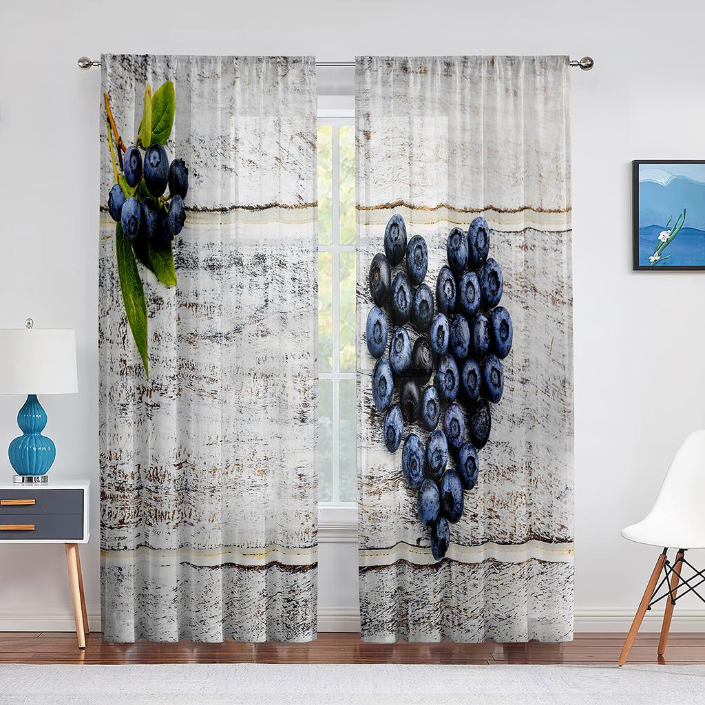 Blueberries Fruit Green Leaf Tulle Curtains for Living Room Bedroom Decoration Chiffon Sheer Voile Kitchen Window Curtain Drapes