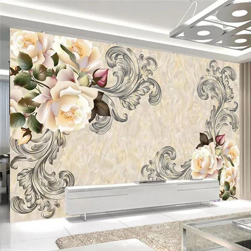 European Style 3d Flowers Wallpaper Living Room Tv Sofa Background Wall Mural Modern Marble Home Decor Wallpapers