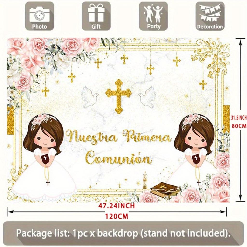2D flat design 1 piece. Background for the first communion of a Spanish girl. Suitable for baptism and photo booth props.
