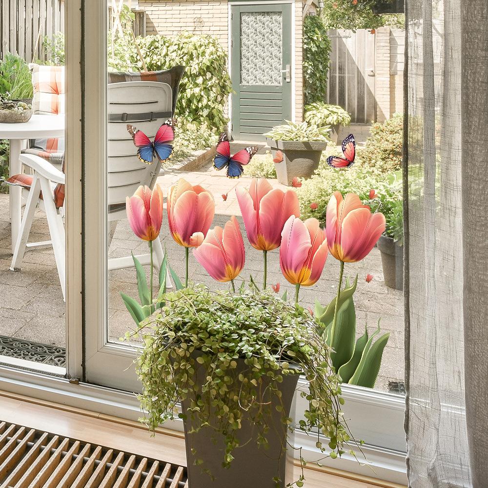 Painted Pink Tulips Balcony Glass Windows Home Beautification and Decoration Static Electricity Window Stickers