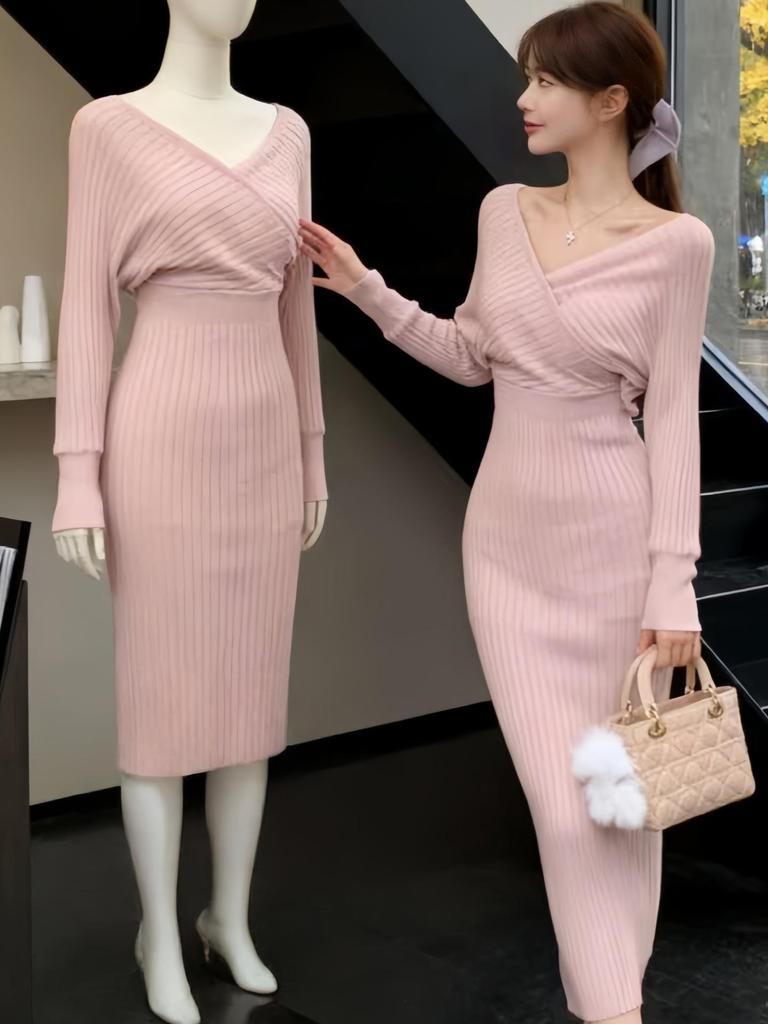 S Family French Pink V-Neck Knit Dress - Autumn/Winter Waist-Cinching, Elegant Coat Style