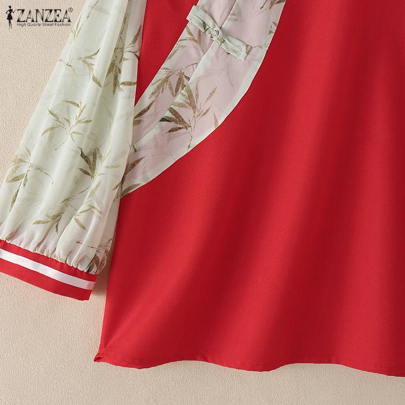 ZANZEA Women Casual Splice 3/4 Sleeve Stand Collar Loose Blouse
