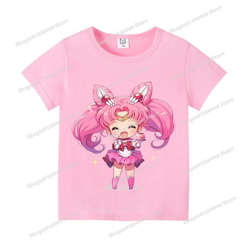 Sailors Moons Cotton T-shirt Sweet Anime Printed Girl Short Sleeve Cartoon Casual Kids Shirts Summer Child Tops