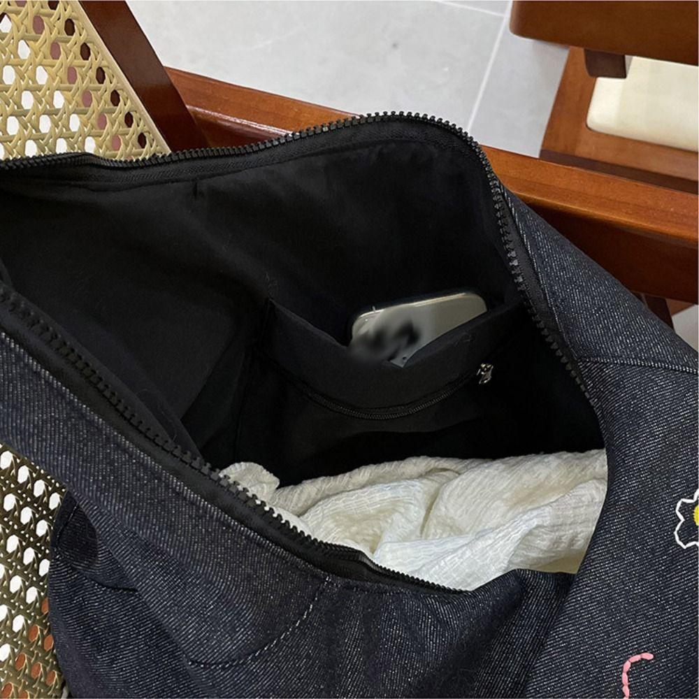 Retro Denim Canvas Bag Cloth Embroidery Tote Bag Vintage Cartoon Pattern Shoulder Bag  Travel