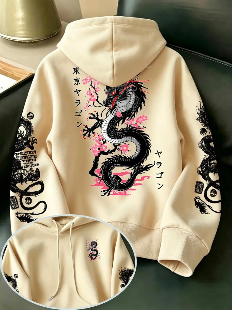 Men's Japanese Style Hoodie Tokyo Dragon Cherry Blossom Graphic Print Sweatshirt Oversized Asian Streetwear Autumn Winter Tops