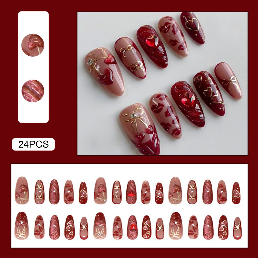 24pcs Wearable Bow Design Press on Nails Simple Pearl Starlight Short Almond False Nails Tips Finished Cat's Eye Fake Nail Sets