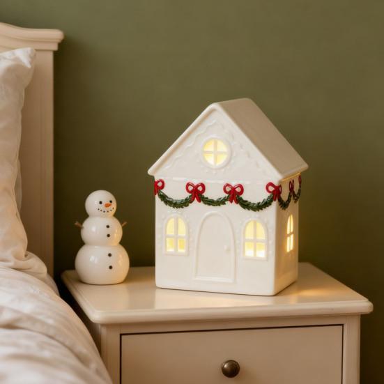 Christmas Mini Village House Figurine LED Lighted Winter Resin Town Cottage Tiny Desktop White House Ornament for Home Shelf Cabinet Table Decor