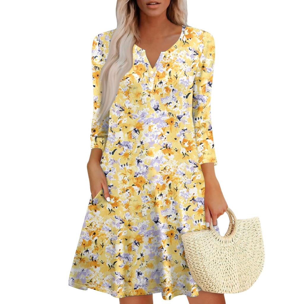 Women's Fashionable V-Neck Button Seven Part Cuff Pocket Floral Dress