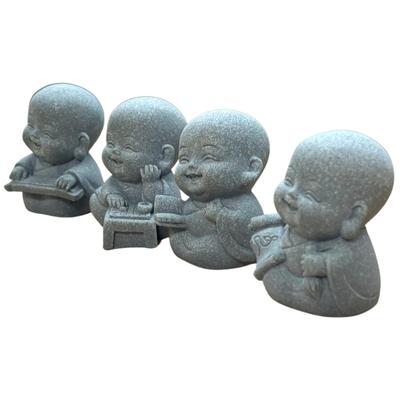 Tonra Baby Monk Figurines (4 Figures) - Smiling, Soothing Decorative Japanese Crafts, Buddhist Amulets, Entryway Decor, Moss and Stones, Aquarium,