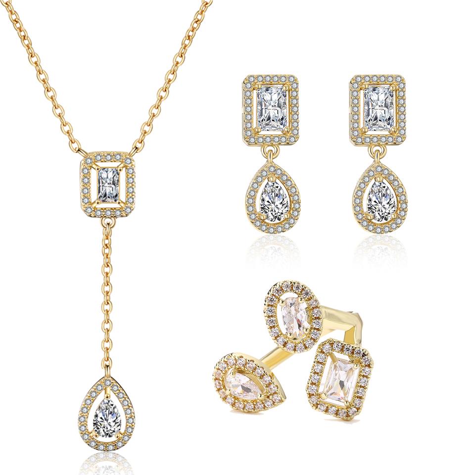 

ZAKOL 3pcs/set Luxury Square Water Drop Zircon Ring Necklace Earing Brilliant Shiny Wedding Party Engagement Zircon Gifts