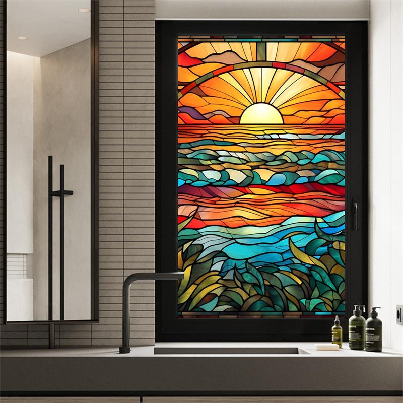 Gebeizte bunte tropische Pflanzenblumen, Ozean-Sonnenaufgang, Fensterglas, statische Aufkleber, entfernbare dekorative PVC-Folie für das Home Office
