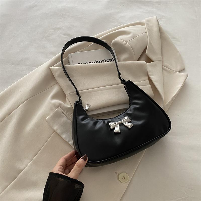 Foreign Style Women's Bow Women's Bag Fashion Portable Casual Underarm Bag 2025 New Simple Shoulder Crescent Bag