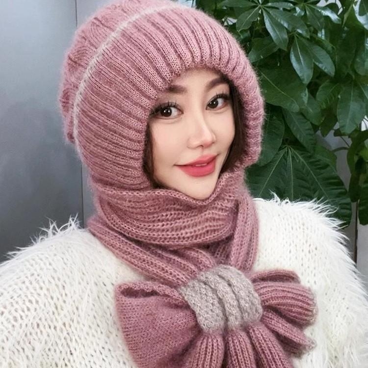 Hat Women's Autumn and Winter New Thickened Plus Plush Woolen Hat Scarf Integrated Bow Style Warm Men's and Women's Hat