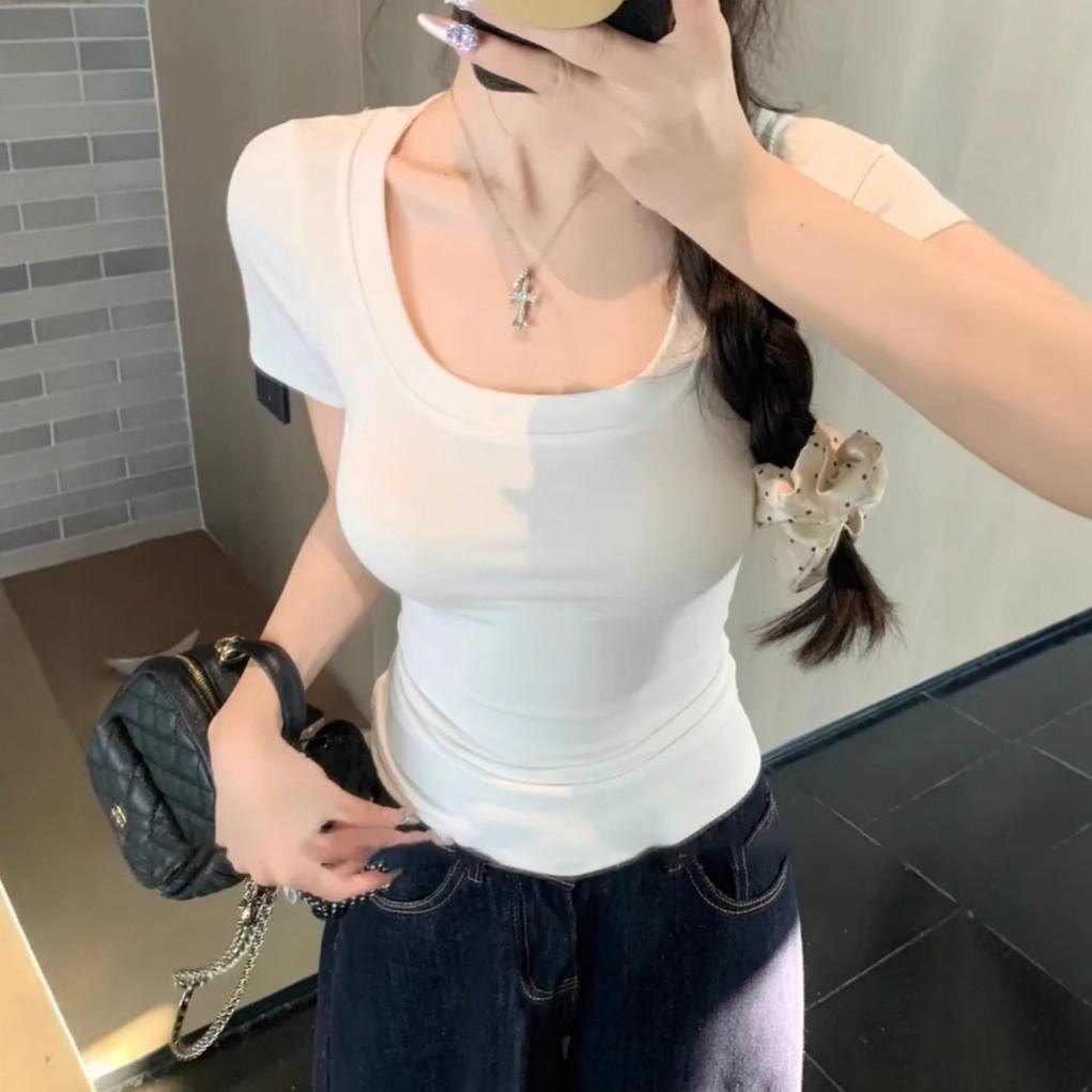 Sexy Mädchen T-Shirt Damen Slim Fit U-Ausschnitt Kurzarm Lässige Tops für den täglichen Gebrauch