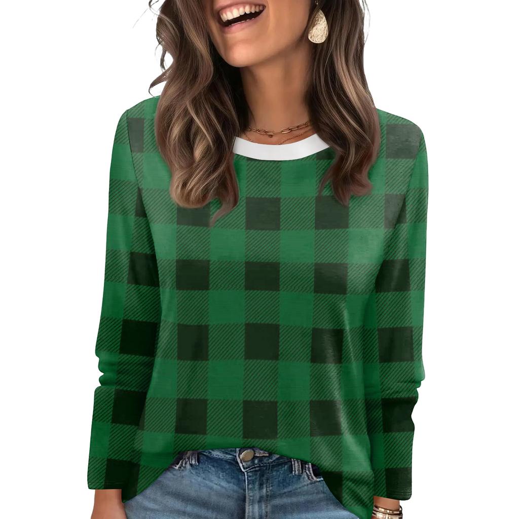 Ladies' Plaid Printed Fashionable Casual Round Neck Long Sleeved Round Neck Top