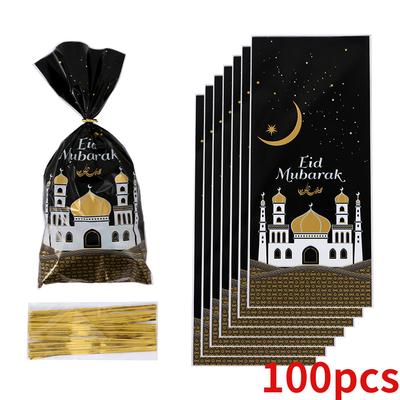 100 Stück Mubarak-Beutel aus Kunststoff, Süßigkeiten-Keksbeutel, Ramadan-Kareem-Dekor, islamisches muslimisches Partyzubehör, Eid-Al-Fitr-Dekor