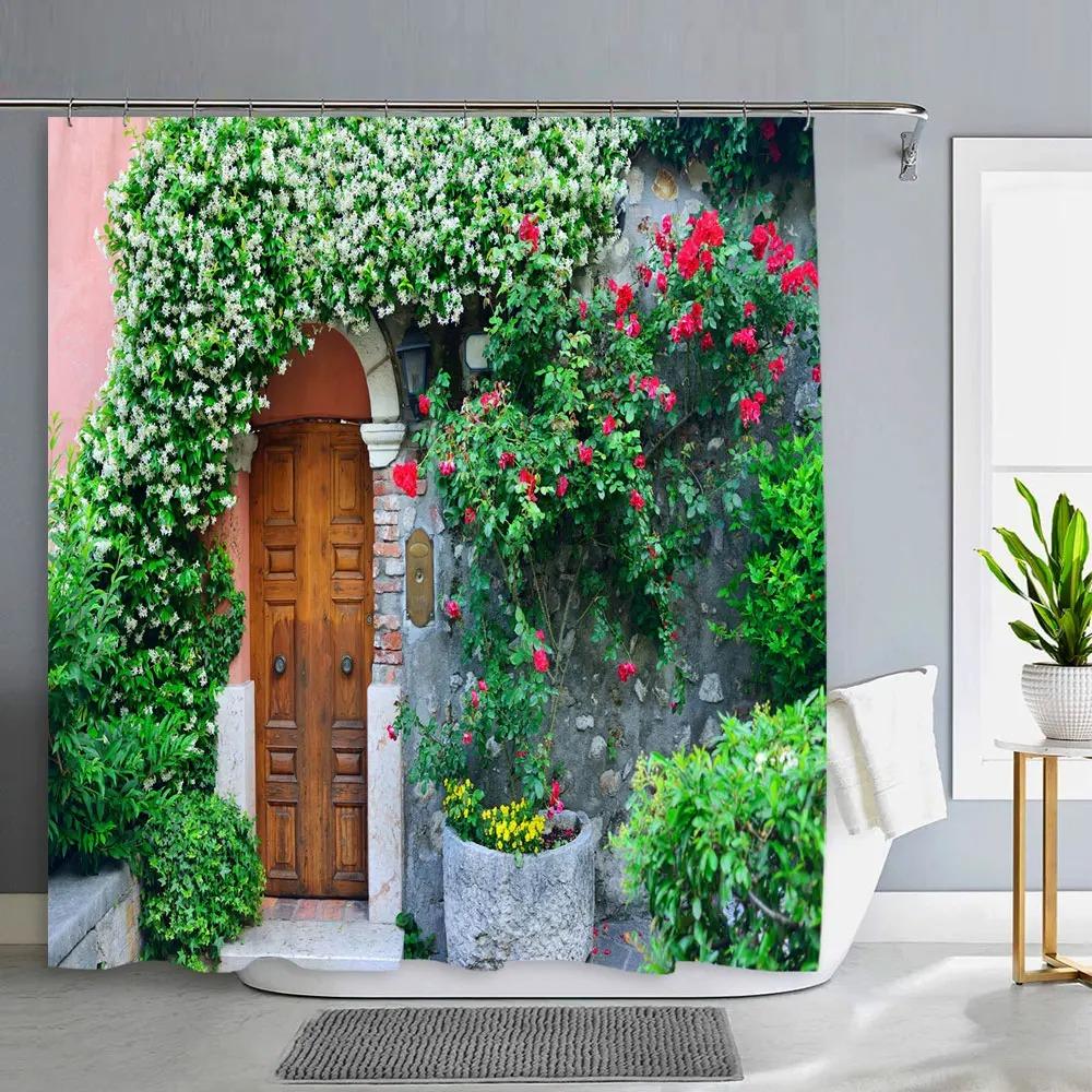 Old Door With Flowers In Verona Italy Shower Curtain Outdoor Street Garden Landscape Polyester Shower Curtains Bathroom Decor