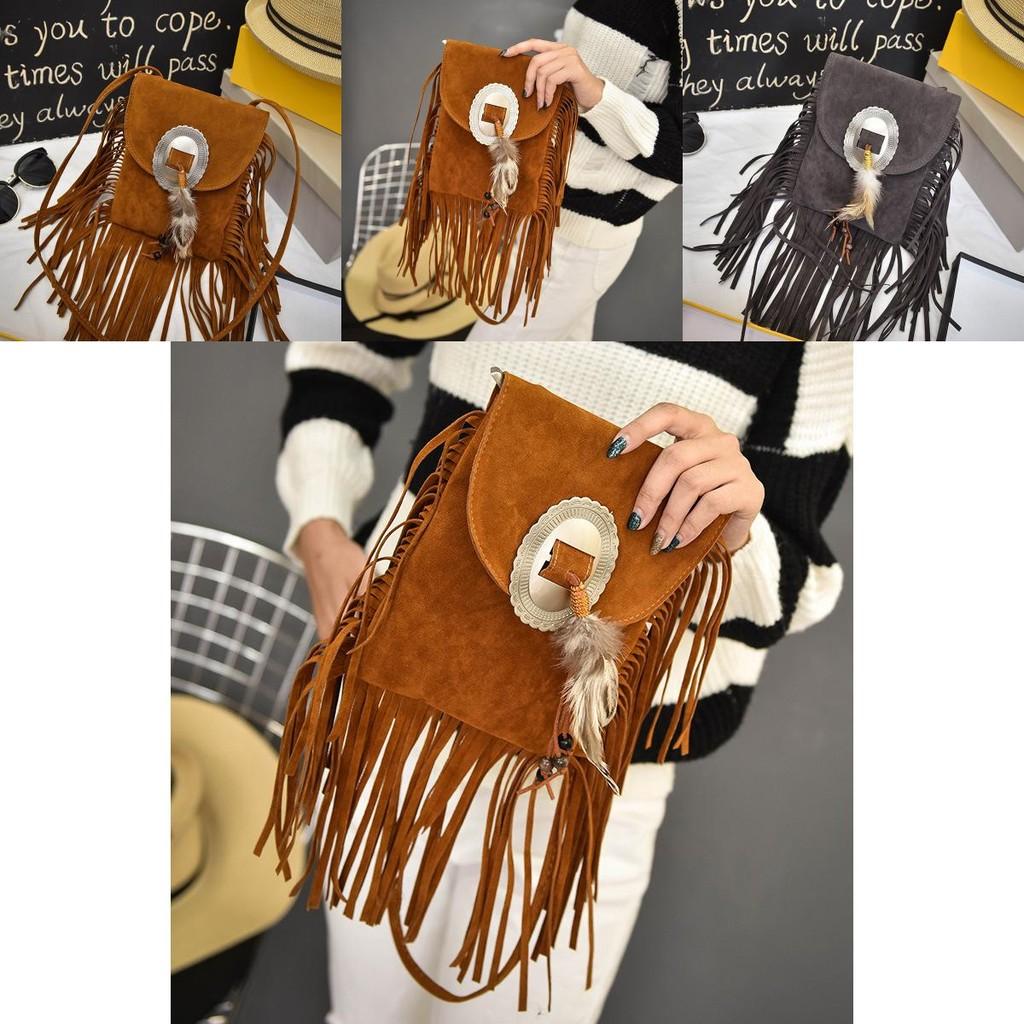 Bohemian Style Pu Small Shoulder Bag With Feather Tassel For Casual Travel Women