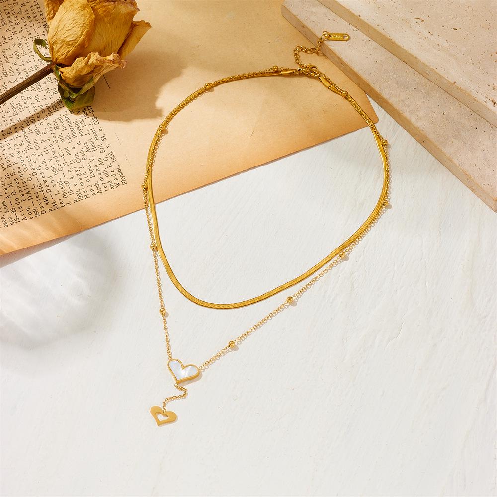 Women's Titanium Steel Heart Double Layer White Shell Choker - Niche Design High-End Feel with Tassel Hip Hop Jewelry