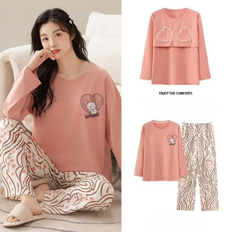 

Spring and Autumn Pure Cotton Pajamas with Chest Pads Women s Cartoon Round Neck Home Service Can Be Worn Outside Large Size Suit Autumn S рожевий