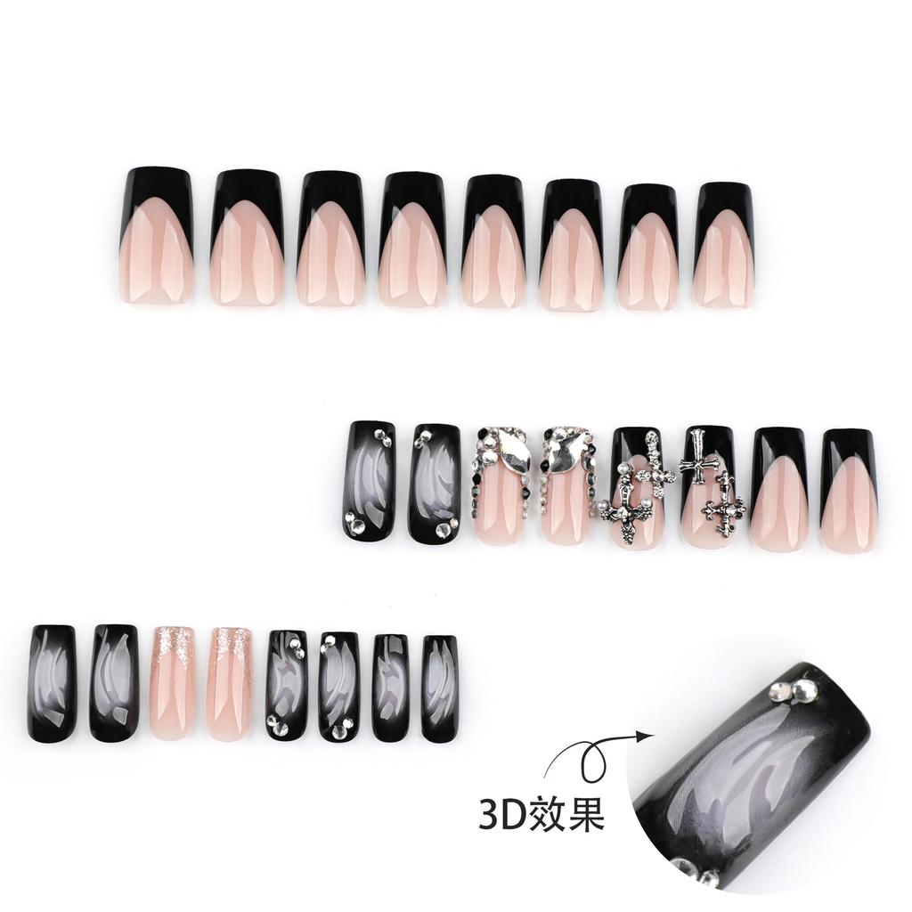 Cool French Black Wearing Nail Piece Finished Flash Cross Nail Piece 3D Water Ripple Fake Nail