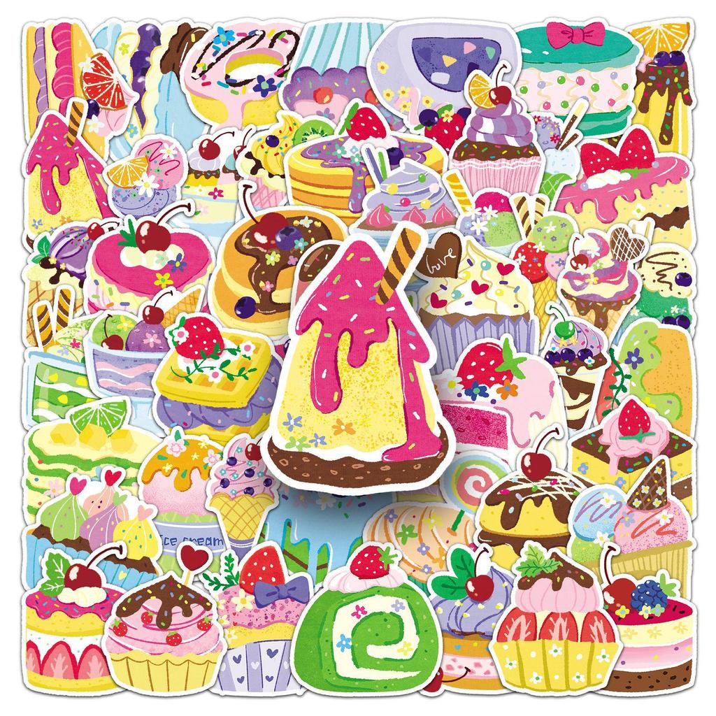 50 Original Dessert Stickers - Cute Hand-Painted Waterproof Food & Cake Designs