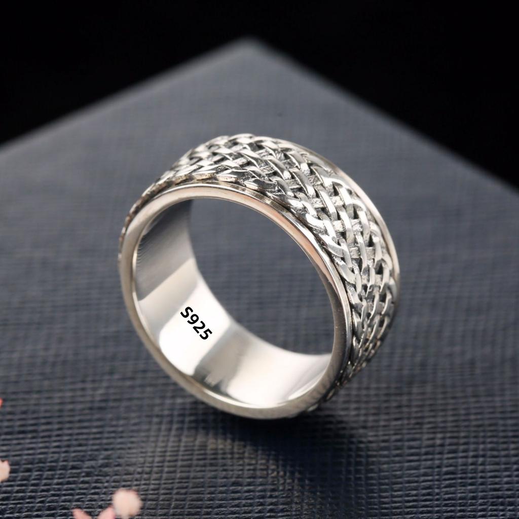Simplicity Vintage S925 Silver Rings for Men Women Fashion Personality Rotatable Woven Pattern Jewelry Gift