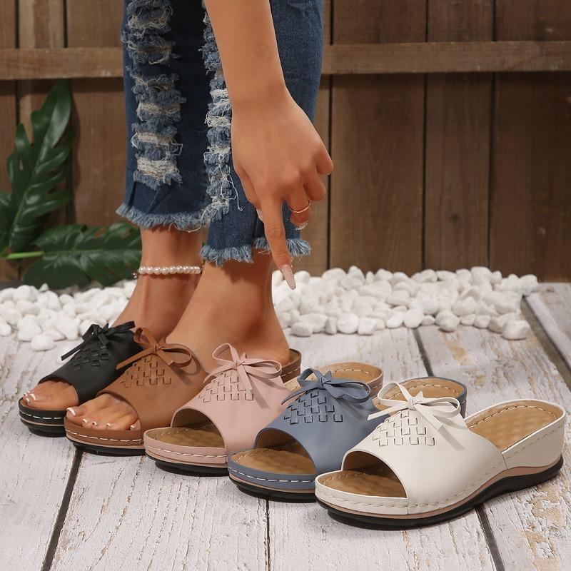 Fashion 2025 New Summer Women Slope Heel Fish Mouth Slippers Fashion Casual Large Coarse Heel Bow Design Comfortable Lightweight Sandals