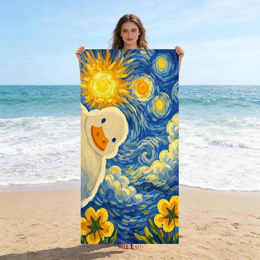 

1PC For Van Gogh s Art Cute Duck Design Beach Towel Quick-drying Towel Suitable for Seaside Pool Camping Yoga For Family Friends W30*H60(CM)