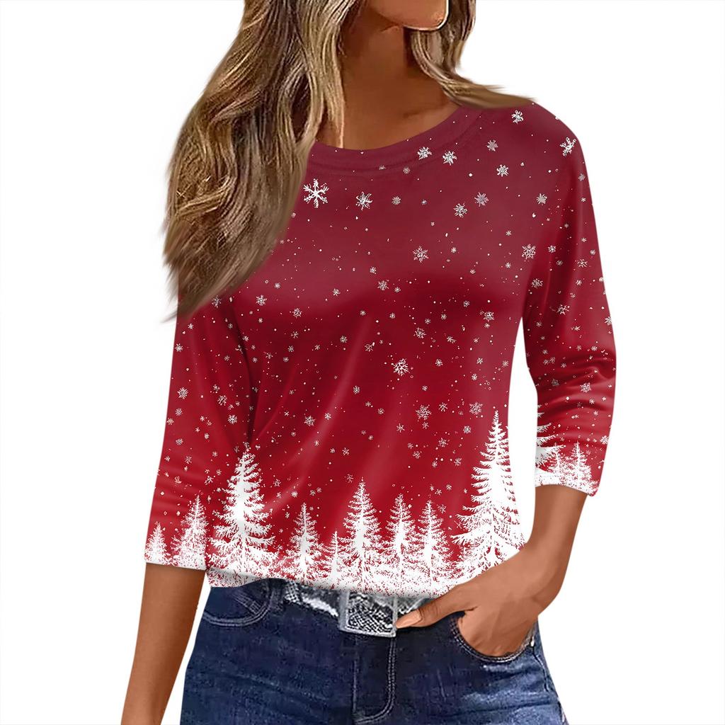 Women's T Shirt Christmas Print 3/4 Sleeve Daily Weekend Fashion Basic Round Neck Regular Top