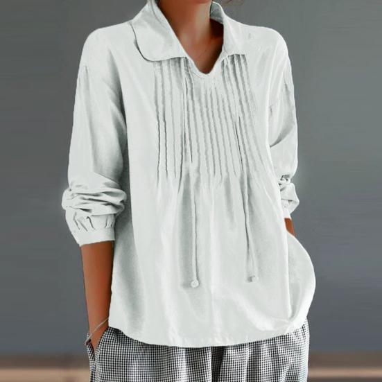 Women Spring Shirt Turn-down Collar Tassel Solid Color Loose Soft Pleated Pullover Casual Breathable Lady Daily Top