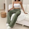 Women Pants Loose Fit Elastic Waist Straight Wide Leg Casual Pants with Pockets Pure Color Work Travel Trousers Daily Wear