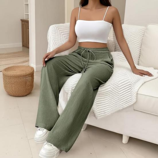 Women Pants Loose Fit Elastic Waist Straight Wide Leg Casual Pants with Pockets Pure Color Work Travel Trousers Daily Wear