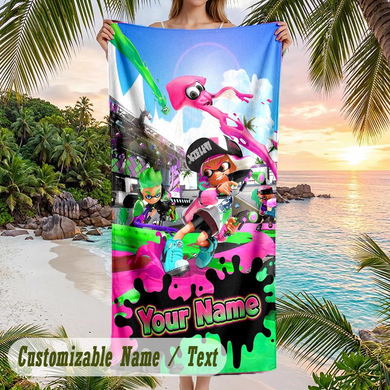 Splatoon Beach Towel, Personalized Custom Text, Quick Dry Soft Large Towel For Swimming Pool Travel