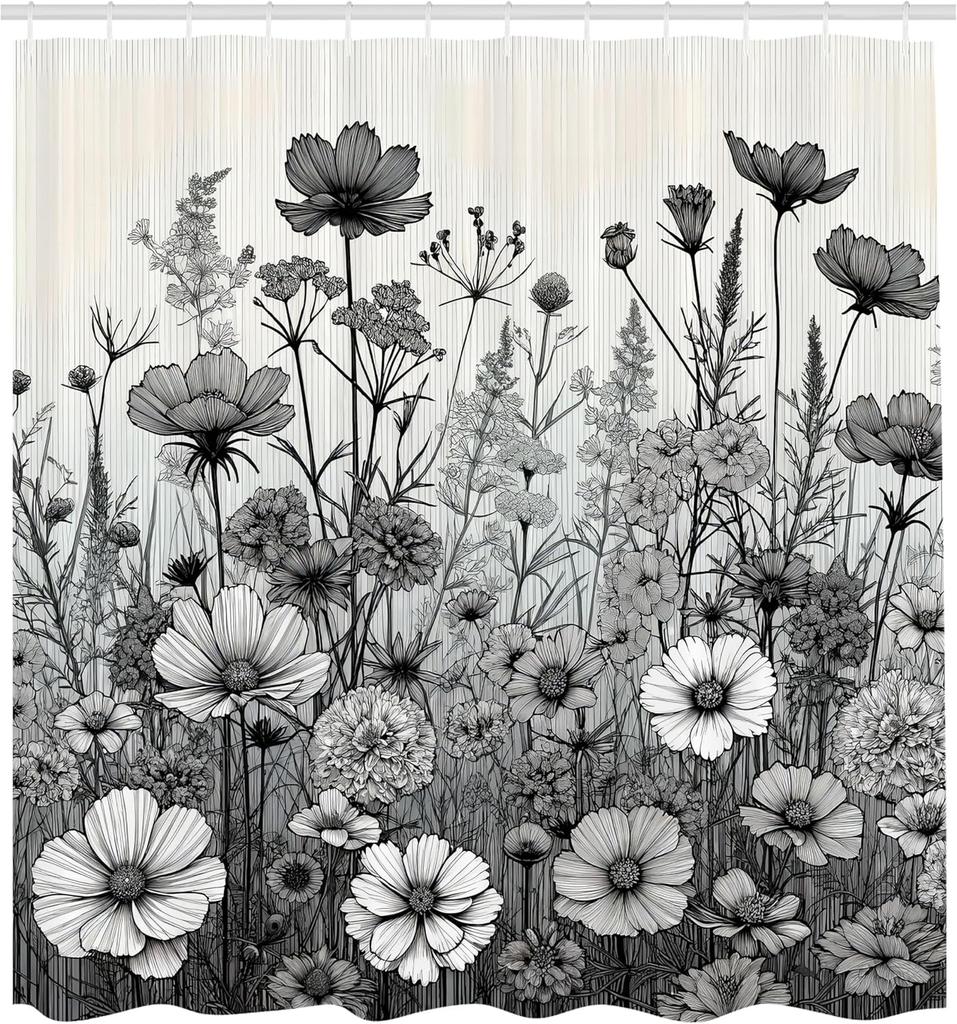 Black And White Shower Curtain, Vintage Style Meadow Prairie Scene With Wild Flowers Print, Cloth Fabric Bathroom Deco