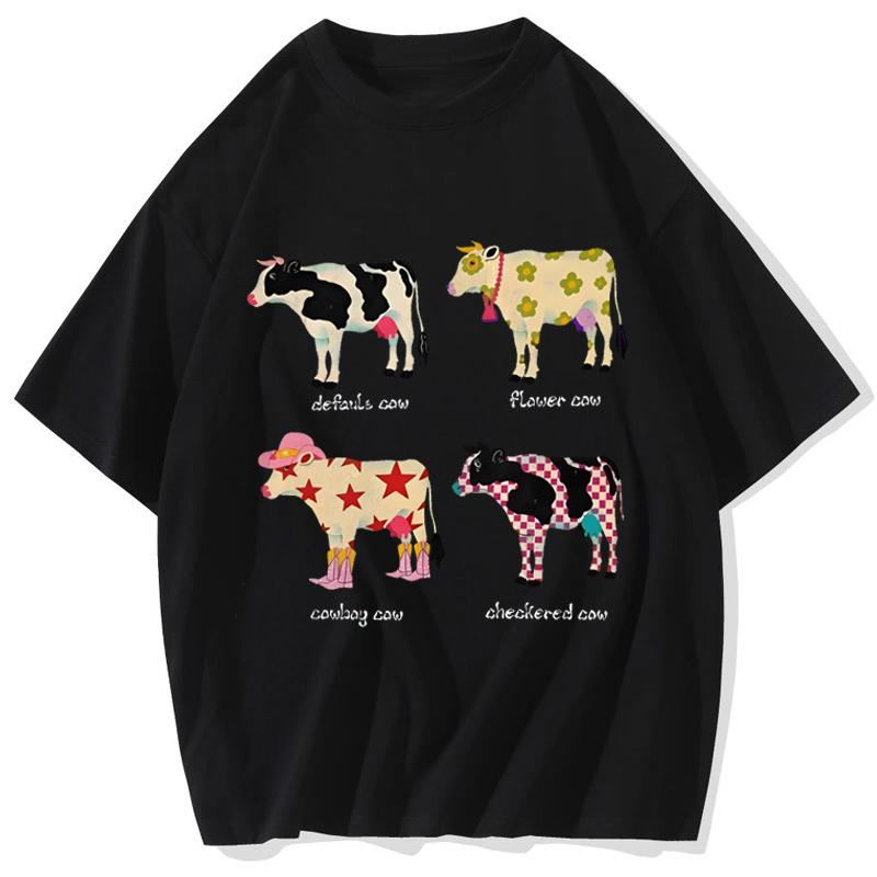 

Fashion Cute Cartoon Cow Print TShirt Pure Cotton Washed Shoulder Round Neck Neutral Style Trend New High Quality Short Sleeves S