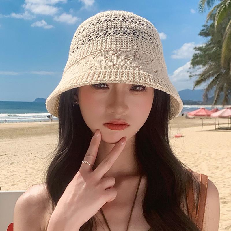 Women Hollow Breathable Openwork Knit Fisherman Cap Wide Brim Sun Hat for Summer Beach Outdoor Travel Daily Casual Sun Protection Ladies Headwear
