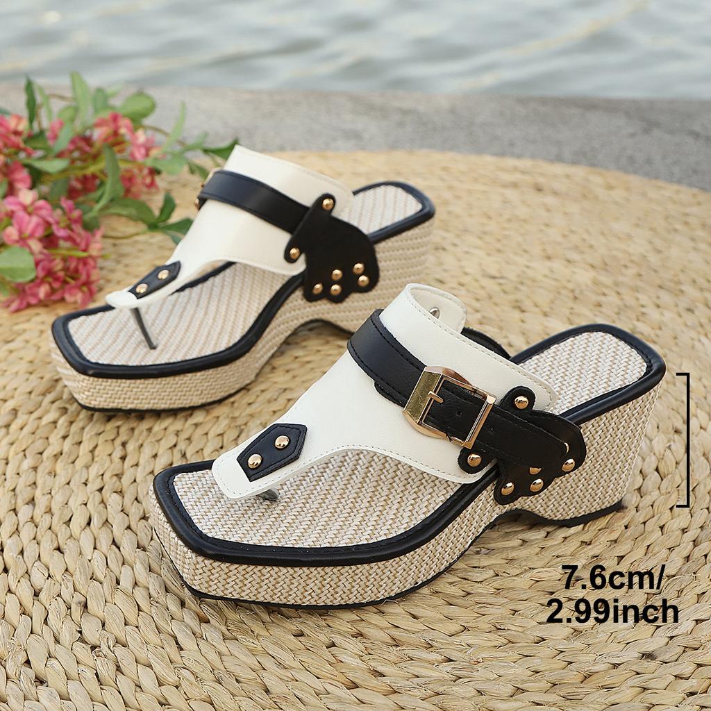 Ladies' Thick Soled Wedge Sandals with Metal Nail Buckle Design - Square Toe Breathable Fabric Cover, Shock-absorbing Rubber Sole, Non Slip Shoes